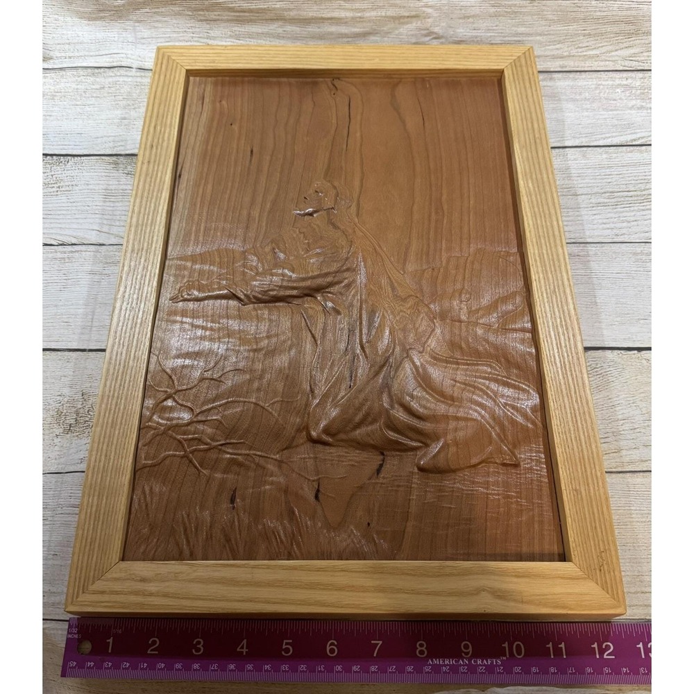 Vintage Hand Carved Jesus Praying 3D Wood Wall Art Plaque Heavy 12" x 17" TubB9